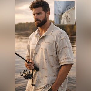 Woolrich Fishing Print Polo Shirt 2XL Beige Fish Graphic Outdoors Vintage Style